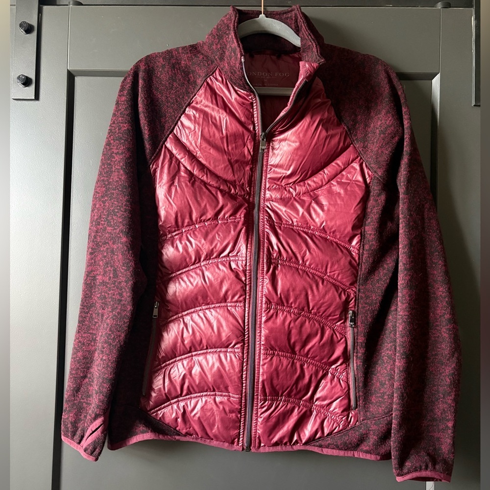 London Fog Women's Two-Tone Burgundy Quilted Hybrid Jacket, Puffer, Down Fill